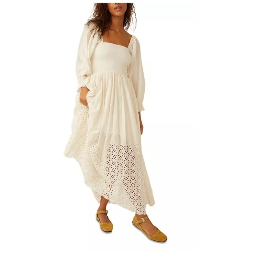 Free People perfect storm Midi Dress Ivory White Eyelet Square Neck Long  M